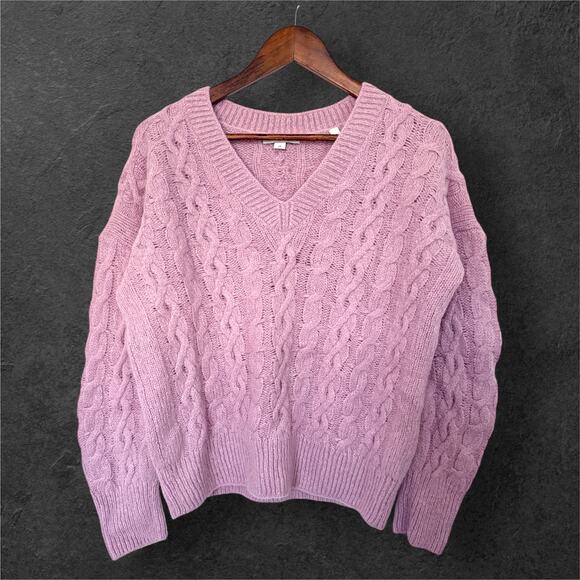Vince Lilac Alpaca Wool Cable Knit Sweater S/P – Soft Cozy V-Neck Pullover - Picture 2 of 8